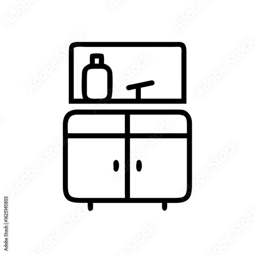 Illustration of a bathroom cabinet with a shelf holding a bottle and a straight razor in black outline