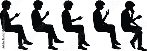Young man silhouette sitting and using mobile phone, various posture set, CAD drawing flat vector illustration for tech, communication, posture studies.