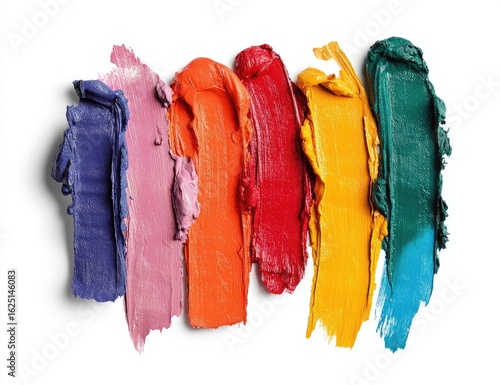Swatches of colorful lip products laid out on a white background