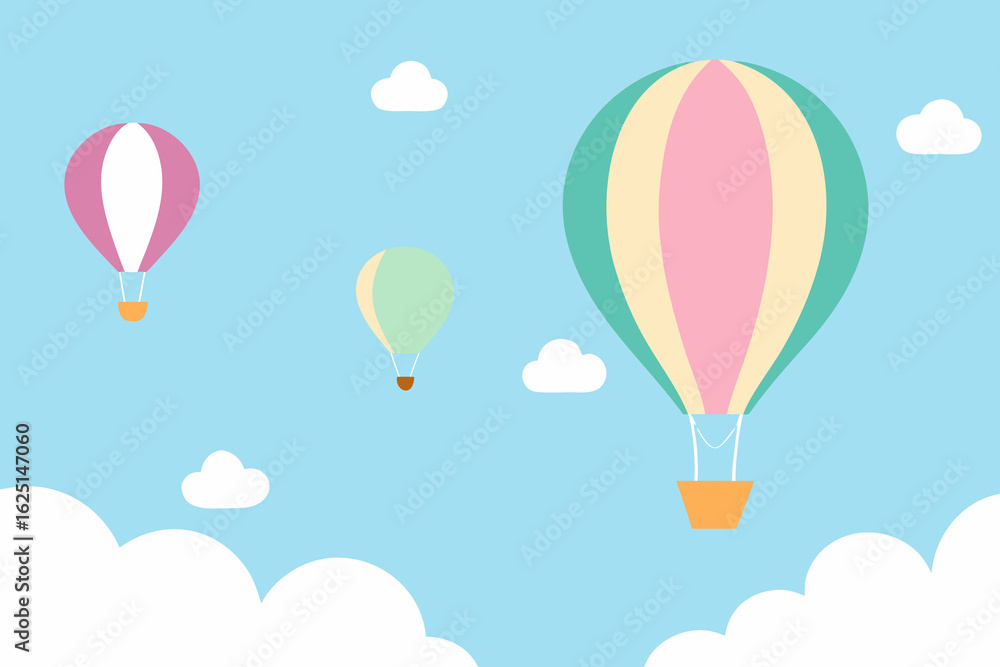 Naklejka premium Colorful hot air balloons floating in a clear blue sky with clouds vector illustration