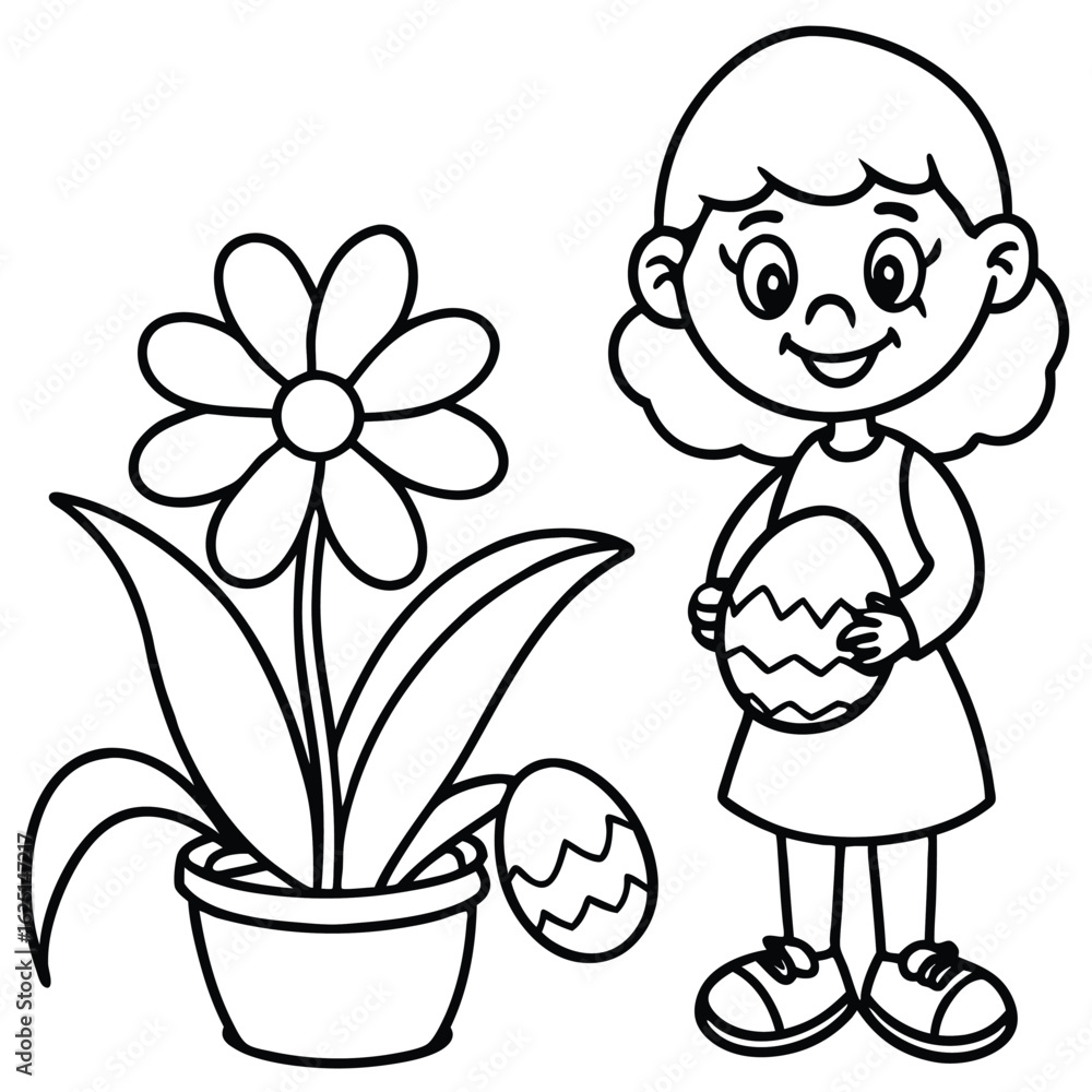 Cute cartoon girl holding an easter egg next to a potted flower with another easter egg Cute cartoon girl holding an easter egg next to a potted flower with another easter egg