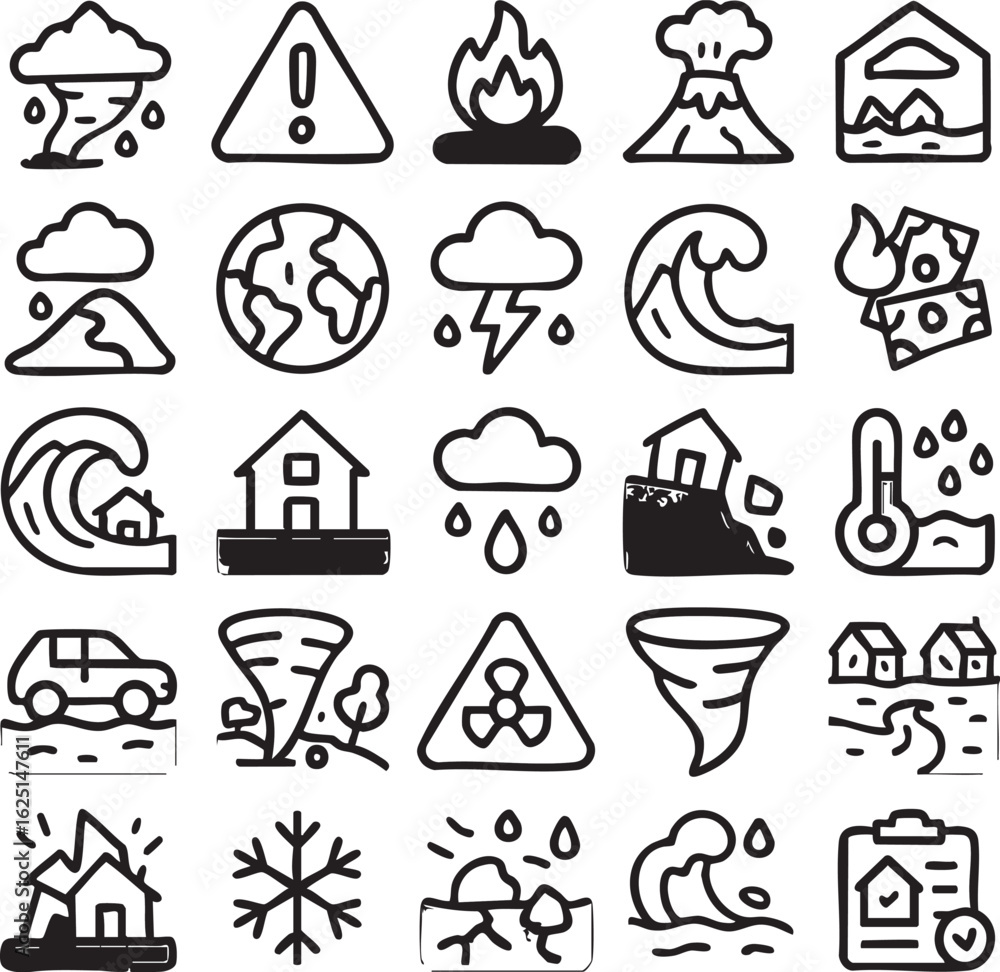 Fototapeta premium A set of hand-drawn icons illustrating various natural disasters, extreme weather events, and emergency symbols.