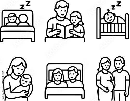 Family bedtime routine black line icon collection on white background 