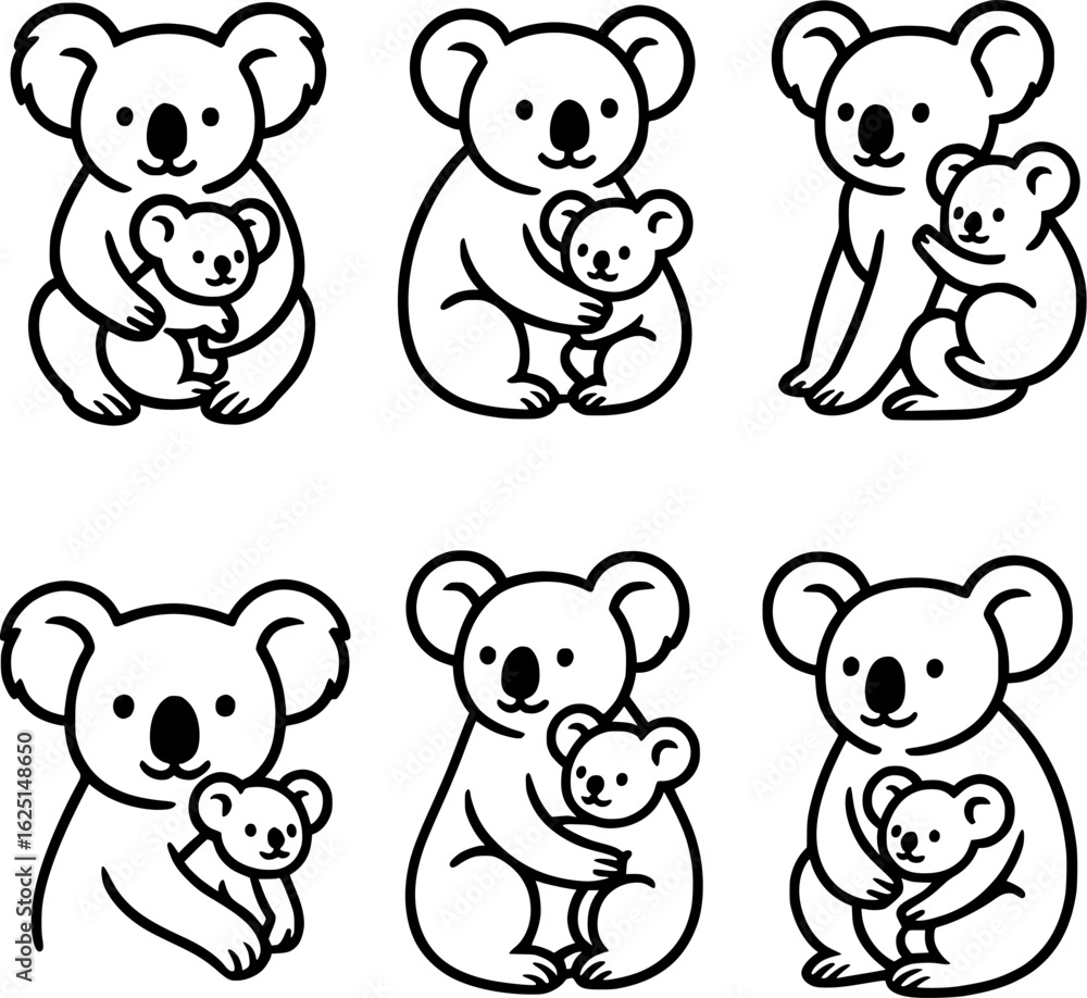 Koala with Baby Joey Black Line Vector Illustration Set Koala with Baby Joey Black Line Vector Illustration Set