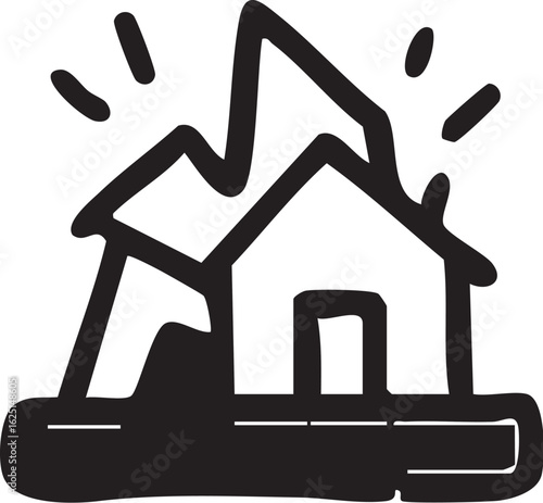 A hand-drawn icon of a house threatened by a shaking mountain during an earthquake or landslide.