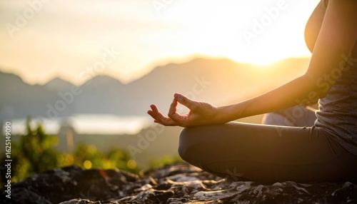 Tranquil Mountain Meditation: Hand in Gyan Mudra Bathed in Sunset Glow