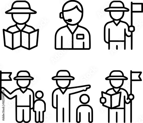 Tourist guide vector icon set travel escort illustration collection 