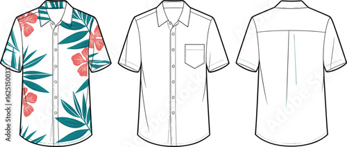 Hawaiian shirt CAD drawing, floral short sleeve fashion sketch, front and back vector template, stylish garment design,