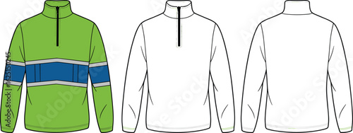 Quarter-zip pullover CAD drawing, green and blue vector fashion sketch, stylish front and back view garment template, Adobe Stock image