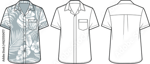 CAD Drawing Flat Vector Illustration, Short Sleeve Hawaiian Shirt, Floral Pattern, Front View, Back View, Fashion Template, Apparel Design, Technical Sketch