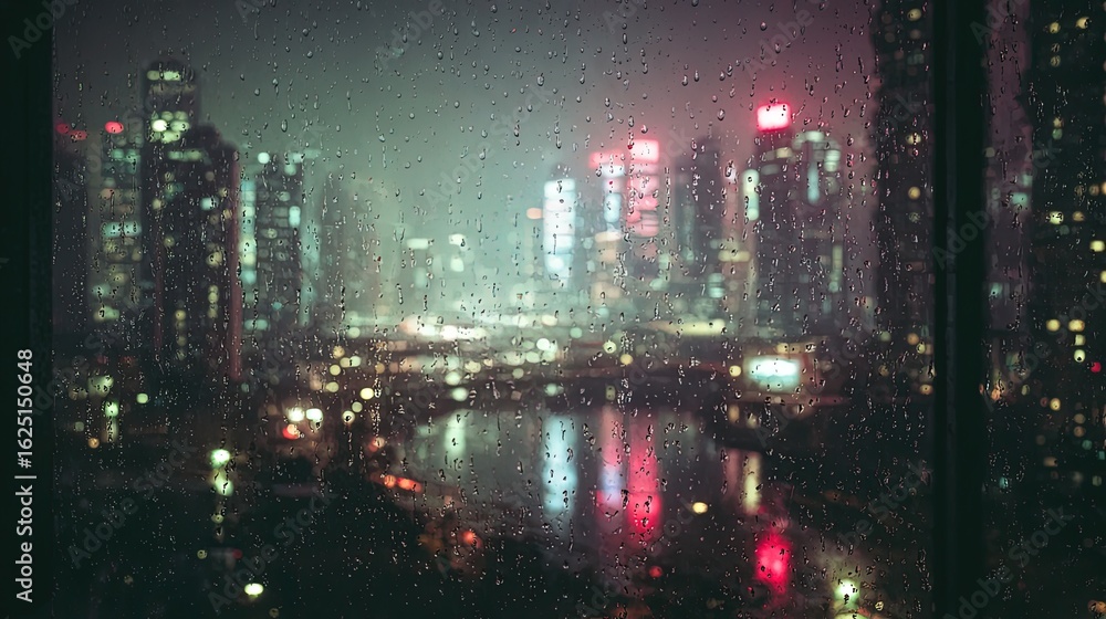 Obraz premium Rainy Night Cityscape View From Window
