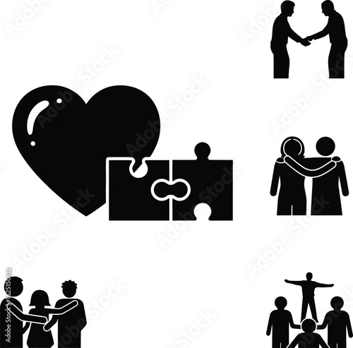 Symbolic Icon Set Illustrating Love, Compatibility, and Community — Heart Puzzle, Handshake, Embrace, Group Unity, and Elevated Leadership in Monochrome Style