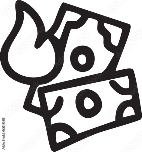 A line art icon showing two cash banknotes on fire, symbolizing financial loss or waste.