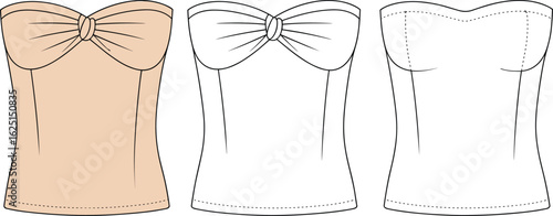 Strapless twisted bandeau top flat sketch, fashion design vector, female bustier top, technical cad drawing, apparel template illustration