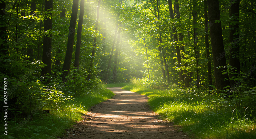 Obraz premium Sunlit Forest Path Winding Through Lush Green Trees.