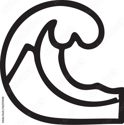 A stylized black line drawing of a large, powerful ocean wave cresting, with a mountain peak inside.