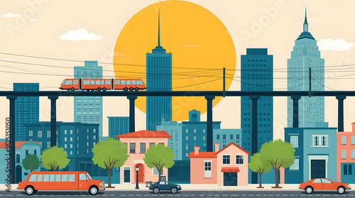 Cityscape with train, skyscrapers, and sunset in flat illustration style