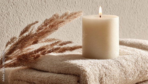 Soft beige candle on stacked towels with pampas grass
