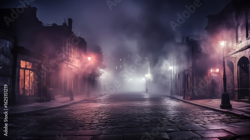 Fototapeta Naklejka Na Ścianę i Meble -  Foggy night in a small town with a cobblestone street. The street is empty and the only light is from the street lamps