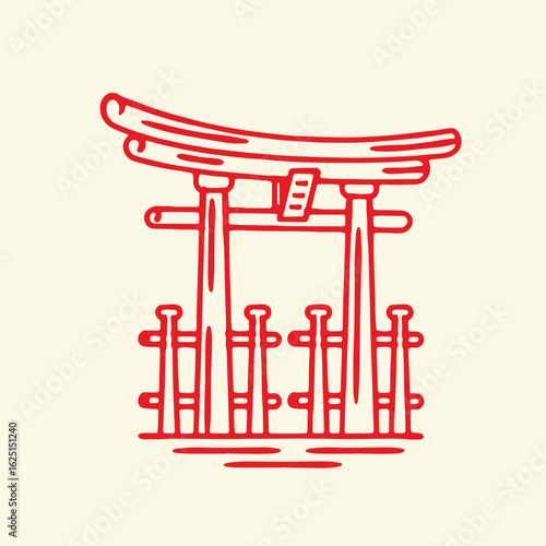Red line art illustration of a Japanese Torii gate, a traditional symbol of Shinto shrines and eastern culture.