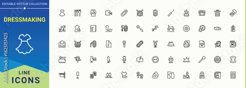 Dressmaking line icon set. Collection for mobile and web apps. Sewing line icon set. Contains such icons as knitting, needle, sew, tailor, cloth, textile and more.