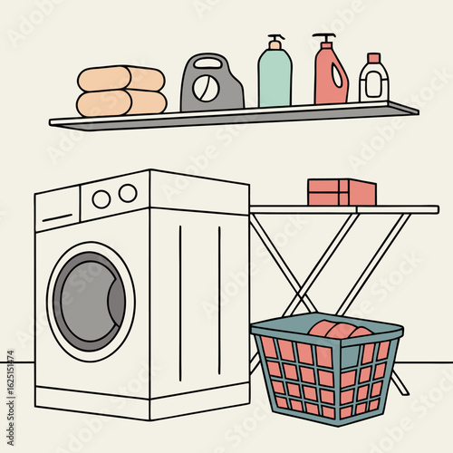 "Modern Laundry Room with Washing Machine and Supplies"