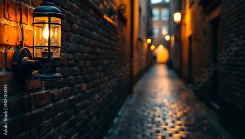 Illuminated Street Light on a Brick Wall in a Narrow Alleyway