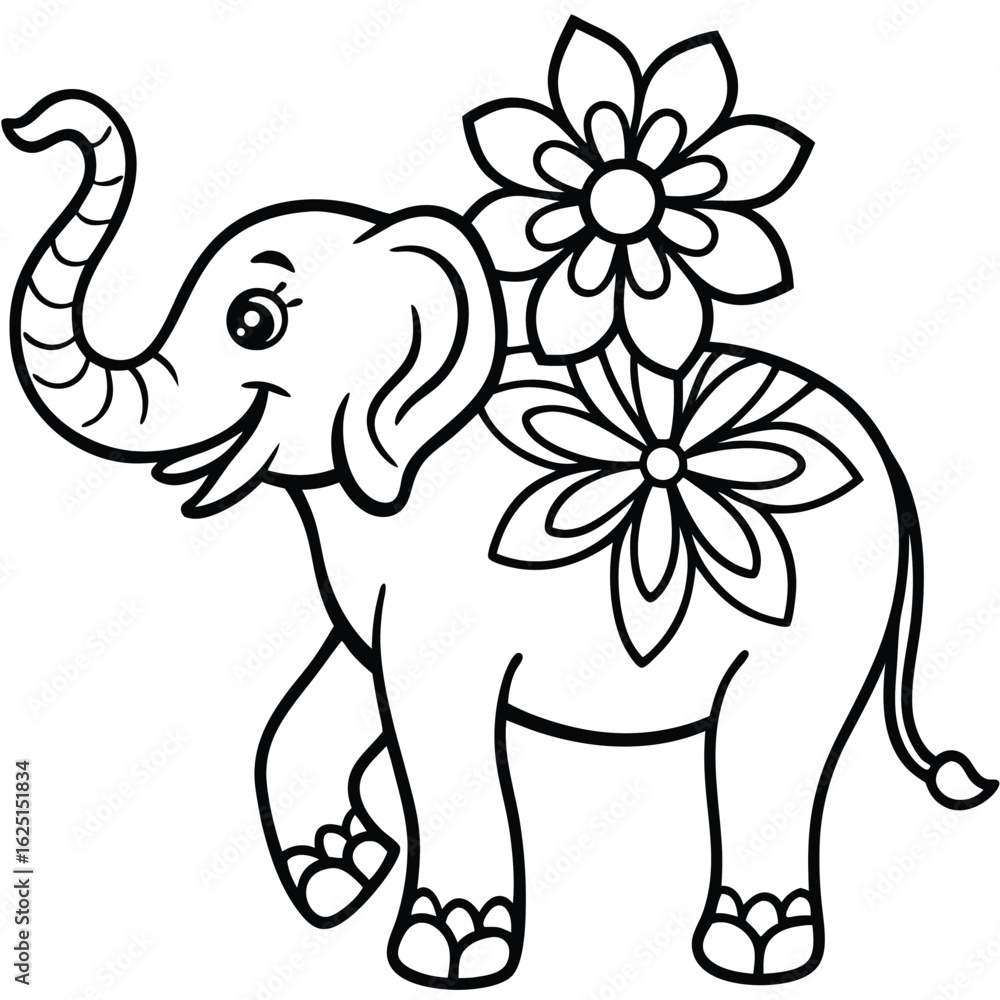 Obraz premium Cute cartoon elephant with flowers on its back isolated on white background black and white line drawing