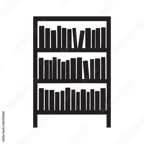 "Bookshelf Silhouette Vector with Books on Three Shelves Icon Design"

