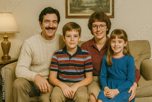 Vintage family portrait from the 1980s with smiling parents and two children sitting together in a cozy living room. Captured with warm tones and nostalgic atmosphere. retro style concept.