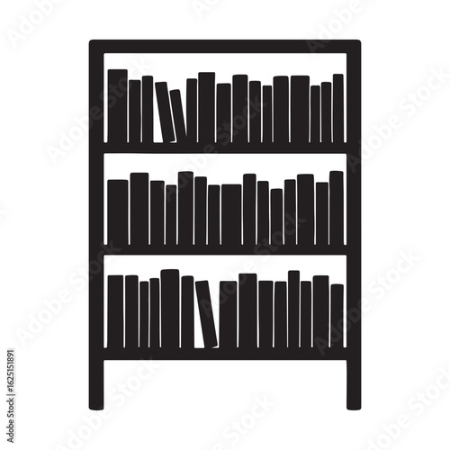 "Bookshelf Silhouette Vector with Books on Three Shelves Icon Design"

