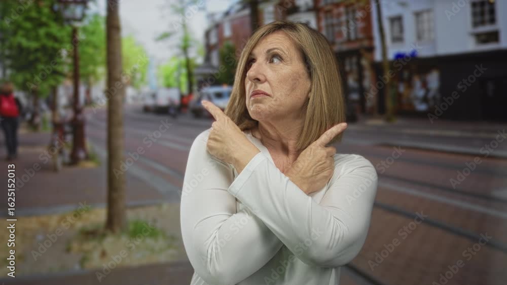 Woman pointing both index fingers in opposite directions on a busy city street sidewalk; uncertainty. Woman pointing both index fingers in opposite directions on a busy city street sidewalk; uncertainty.