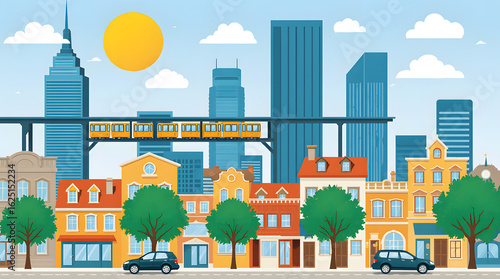 Cityscape with train, skyscrapers, and sunset in flat illustration style