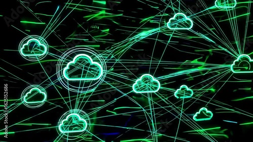 Abstract digital illustration of glowing green lines and patterns on a dark background representing technology and connectivity.