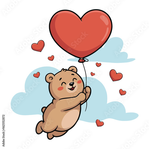 Cute cartoon bear flying with a red heart shaped balloon surrounded by smaller hearts and fluffy clouds