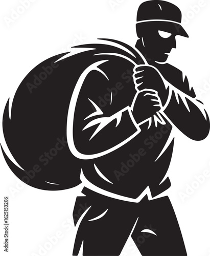 Stealthy Thief Silhouette Carrying Swag Bag Over Shoulder in the Night Crime Concept Illustration