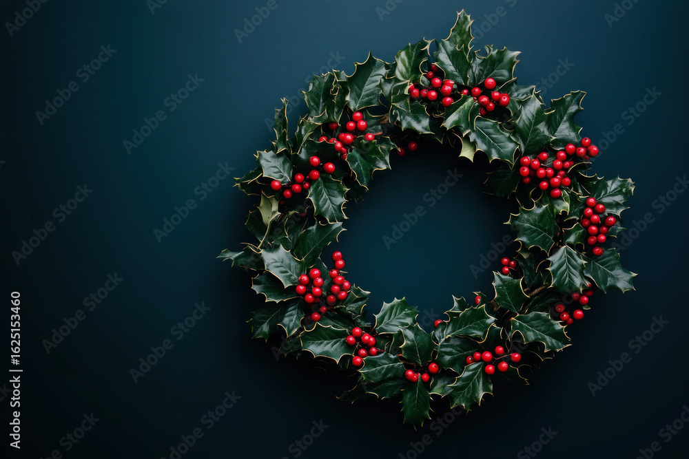 christmas and new year winter decoration. elegant holly wreath with red berries against dark blue background. holidays greeting card, festive poster, seasonal design with copy space. christmas and new year winter decoration. elegant holly wreath with red berries against dark blue background. holidays greeting card, festive poster, seasonal design with copy space.