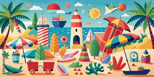 A seamless vector illustration of a festive birthday celebration on a tropical beach with palm trees, perfect for a joyful holiday card design