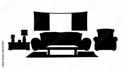 Silhouette of a living room interior featuring a sofa armchair table lamp and window decorations nicely done