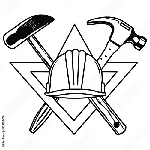 Symbolic representation of construction and labor with a hard hat and crossed hammers within a triangle