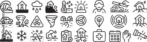 A collection of line art icons depicting various natural disasters, extreme weather events, and emergency response symbols.