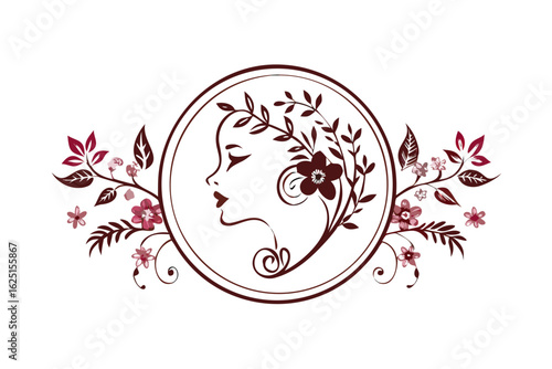 Side profile of woman in decorative floral medallion