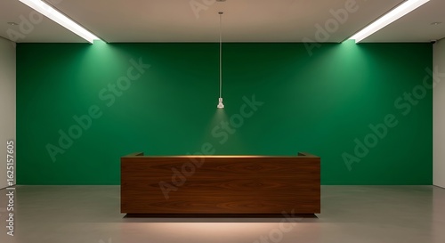 Wallpaper Mural Conceptual modern interior design showcasing a solitary illuminated light bulb over a wooden desk against a stark green wall. Torontodigital.ca