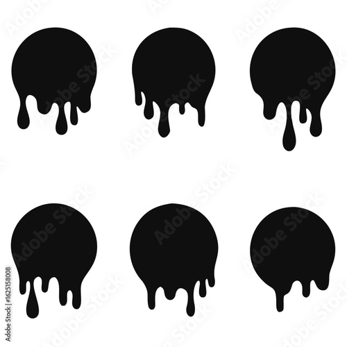 Paint drip stickers set, circle with melt drop icon, graffiti paint drip blobs. vector illustration