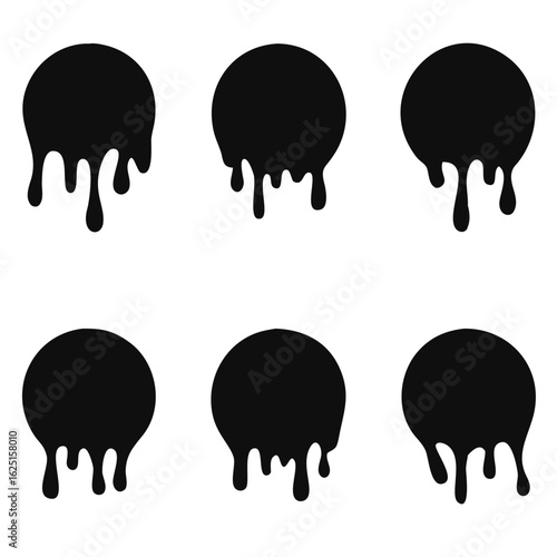 Paint drip stickers set, circle with melt drop icon, graffiti paint drip blobs. vector illustration