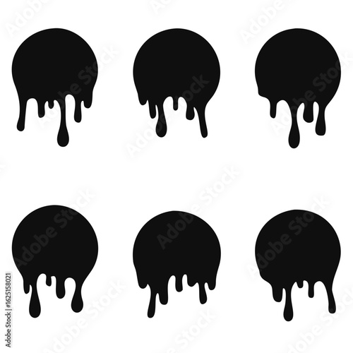 Paint drip stickers set, circle with melt drop icon, graffiti paint drip blobs. vector illustration