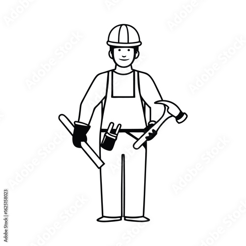 Cartoon illustration of a construction worker in overalls and hard hat holding tools like a hammer and crowbar