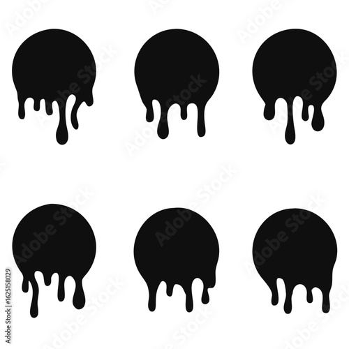 Paint drip stickers set, circle with melt drop icon, graffiti paint drip blobs. vector illustration
