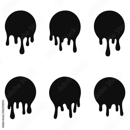 Paint drip stickers set, circle with melt drop icon, graffiti paint drip blobs. vector illustration