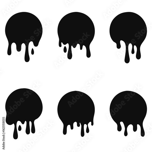 Paint drip stickers set, circle with melt drop icon, graffiti paint drip blobs. vector illustration
